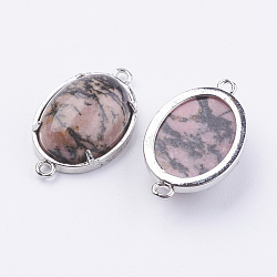 Brass Natural Rhodonite Links Connectors, Oval, Platinum, 15~15.5x25.5~26x6.5~7mm, Hole: 1.5~2mm(X-G-E398-03C)