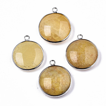 Natural Crackle Agate Pendants, with Platinum Plated Brass Findings, Dyed & Heated, Flat Round, Light Khaki, 27~28x23~24x7~9.5mm, Hole: 2mm