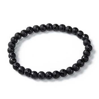Frosted Glass Beads Stretch Bracelets, Round with Rhombus Pattern, Black, Beads: 6mm, Inner Diameter: 2 inch(5.1cm)
