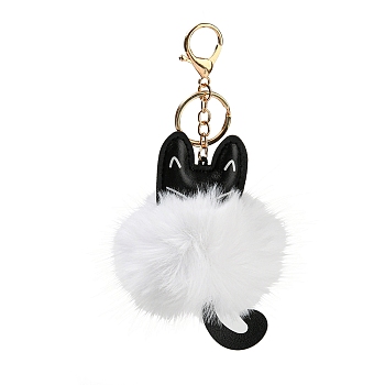 Cute Cat PU Leather & Imitate Rex Rabbit Fur Ball Keychain, with Alloy Clasp, for Bag Car Key Decoration, White, 18cm