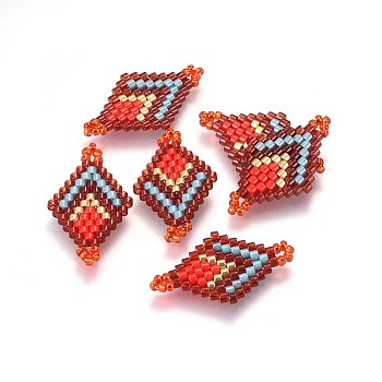 MIYUKI & TOHO Handmade Japanese Seed Beads Links, Loom Pattern, Rhombus, Red, 23~24x13~14x1.7mm, Hole: 1.5mm