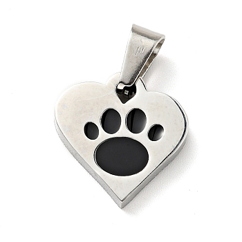 304 Stainless Steel Manual Polishing Enamel Pendants, Heart with Paw Print, Stainless Steel Color, 15.5x15x2.5mm, Hole: 3.5x6.6mm