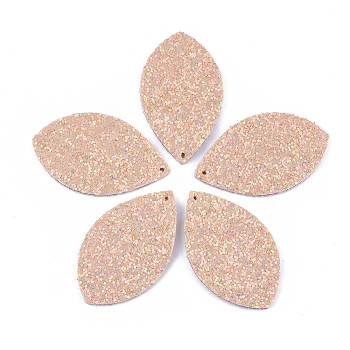 Polyester Fabric Big Pendants, with PU Leather and Double-Sided Glitter Sequins/Paillette, Horse Eye, PeachPuff, 61x36.5x3.5mm, Hole: 2mm