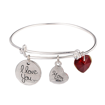 Mother's Day Adjustable Silver Plated Brass Charm Bangles Expandable Bangles, with Alloy and Glass Pendants, Red, 64mm
