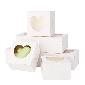 Square Paper Biscuit Boxes with Heart Clear Window, for Party, Wedding, Bakery Box, White, 10x10x6.5cm, Window: 62x70mm