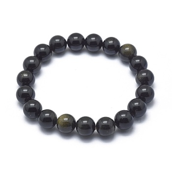 Natural Golden Sheen Obsidian Bead Stretch Bracelets, Round, 2 inch~2-1/8 inch(5.2~5.5cm), Bead: 10mm