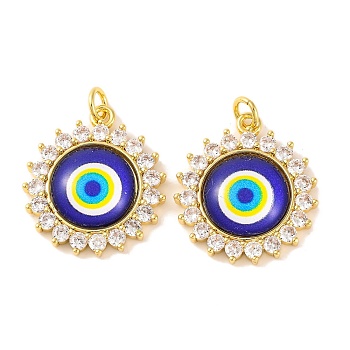 Rack Plating Brass Micro Pave Cubic Zirconia Pendants, with Glass, Long-Lasting Plated, Flower with Evil Eye, with Jump Ring, Real 18K Gold Plated, Dark Blue, 23x20x5mm