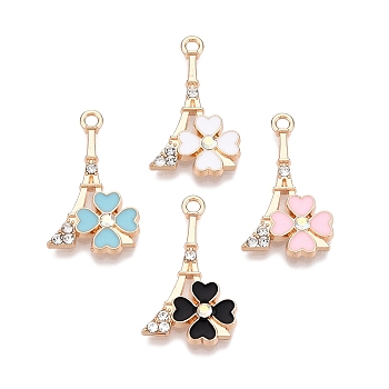 Rack Plating Alloy Rhinestone Pendants, with Enamel, Eiffel Tower with Flower, Golden, 24.5x14.5x3mm, Hole: 1.8mm