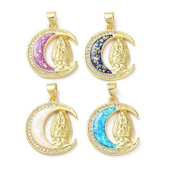 Brass Micro Pave Clear Cubic Zirconia Pendants, with Synthetic Opal, Real 18K Gold Plated, Human, Moon, 22.5x18.5x2.5mm, Hole: 5x3.5mm
