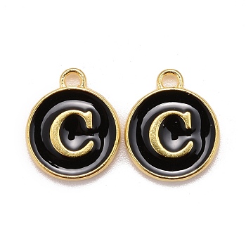 Golden Plated Alloy Charms, Cadmium Free & Lead Free, with Enamel, Enamelled Sequins, Flat Round with Letter, Black, Letter.C, 14x12x2mm, Hole: 1.5mm