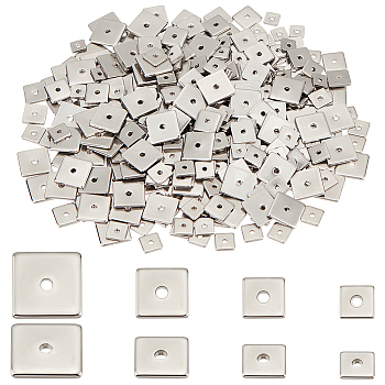 Elite 400Pcs 4 Styles 304 Stainless Steel Spacer Beads, Square, Stainless Steel Color, 4~8x4~8x0.8~1mm, Hole: 1.2mm, 100pcs/style