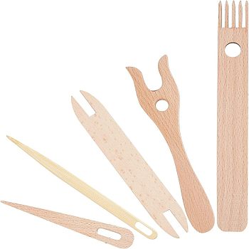 Nbeads Beechwood Knitting Tools Set, Including Wooden Knitting Fork and Needle, BurlyWood, 5pcs/bag