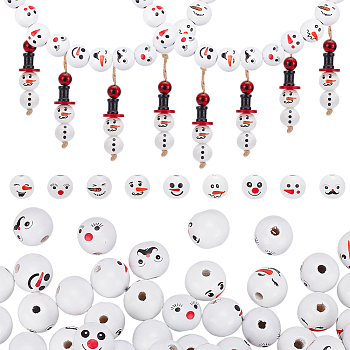 108Pcs 9 Styles Schima Wood Beads, Round with Snowman, Mixed Shapes, 20mm, Hole: 5mm, 12pcs/style