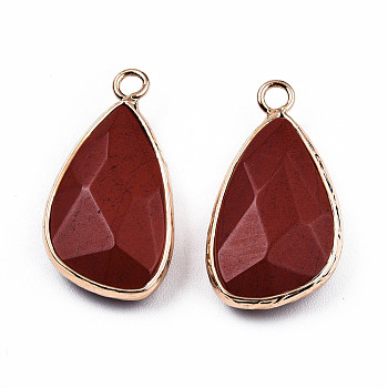 Natural Red Jasper Pendants, with Light Gold Plated Brass Findings, Faceted, Teardrop Charm, 27x14.5x6mm, Hole: 2.5mm