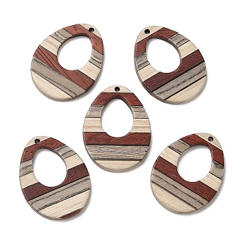 Wenge Wood & Sandalwood & White Ash Pendants, Teardrop Charms, Colorful, 37x28x3.5mm, Hole: 2mm, Inner Diameter: 18x14mm
