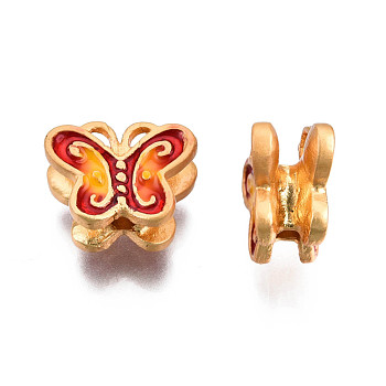 Alloy Enamel Beads, Matte Style, Cadmium Free & Lead Free, Matte Gold Color, Butterfly, Dark Red, 9x11x5.5mm, Hole: 1.8mm