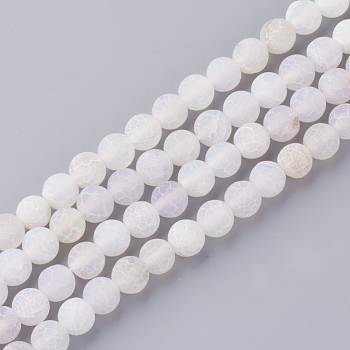 Natural Fire Crackle Agate Bead Strands, Frosted, Dyed, Round, Floral White, 8mm, Hole: 1.5mm, about 48pcs/strand, 15.1 inch