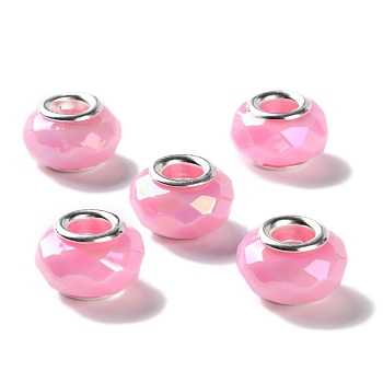 Opaque Brass Cores Acrylic European Beads, Rondelle, Large Hole Bead, Faceted, Silver, Pearl Pink, 15x9mm, Hole: 5mm