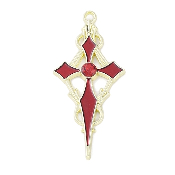 Rack Plating Alloy Enamel Pendants, with Rhinestone, Cadmium Free & Nickel Free & Lead Free, Sword, FireBrick, 47x21.5x3.5mm, Hole: 2mm