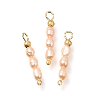 Natural Freshwater Pearl Beaded Pendants, Rice Charms, with Brass Findings, Real 18K Gold Plated, Light Salmon, 22x3.5mm, Hole: 2.5mm