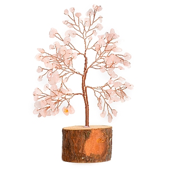 Natural Rose Quartz Chips Tree of Life Decorations, Column Wood Base with Copper Wire Feng Shui Energy Stone Gift for Home Office Desktop Decoration, 60x160mm