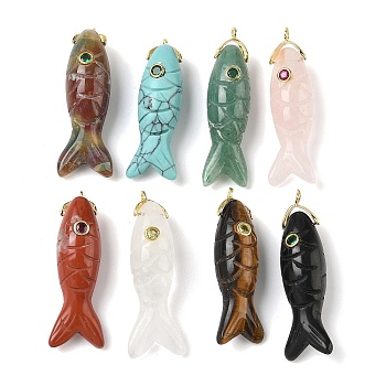 Natural & Synthetic Mixed Gemstone Carved Pendants, Fish Charms with Brass Micro Pave Cubic Zirconia Findings, Golden, 45.5x12.5x12mm, Hole: 1.6mm