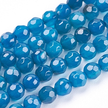 Natural Agate Beads Strands, Faceted, Round, Dyed, Dodger Blue, 4mm, Hole: 0.5mm, about 92pcs/strand, 14.7 inch(37.4cm)