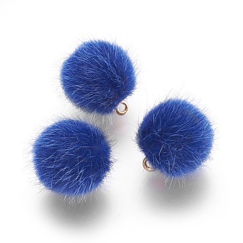 Handmade Plush Cloth Fabric Covered, with CCB Plastic Findings, Round, Golden, Blue, 17x15mm, Hole: 1.5mm