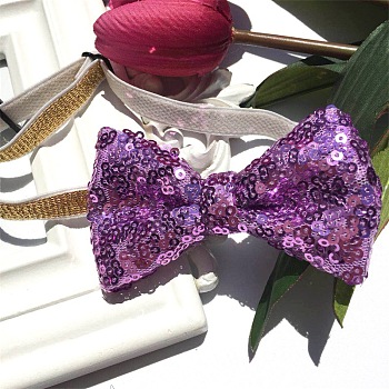 Adjustable Cat Dog Bowknot Collars, Sequin/Paillette Beaded Pet's Bow Tie, Pet Bowknot Necktie, Medium Orchid, 190~350mm