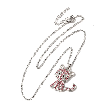 Alloy Rhinestone Cat Pandant Necklace with Cable Chains, Stainless Steel Jewelry for Women, Pink, 17.83 inch(45.3cm)