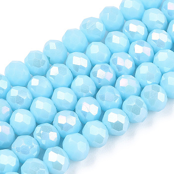 Electroplate Glass Beads Strands, Opaque Solid Color, AB Color Plated, Faceted, Rondelle, Light Sky Blue, 10x8mm, Hole: 1mm, about 65~66pcs/strand, 20.8~21.2 inch(53~54cm)