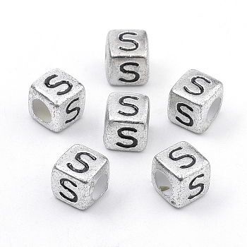 Plated Acrylic Beads, Horizontal Hole, Cube with Letter, Antique Silver, Letter.S, 6mm, Hole: 3mm, about 3000pcs/500g