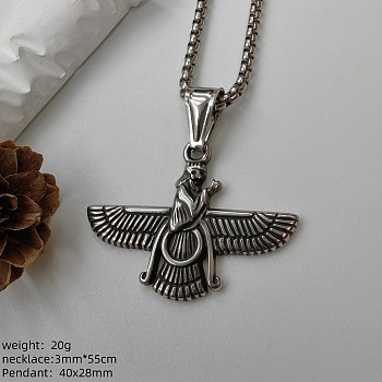 304 Stainless Steel Eagle Farvahar Symbol Pendant Necklaces for Women, Antique Silver, 21.65 inch(55cm)