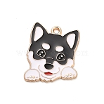 Animal Puppy Alloy Enamel Pendants, Golden, Siberian Husky Charm, Black, 22.5x19x1mm, Hole: 1.6mm(X-FIND-V001-03G-01)