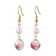 Printed Porcelain & Shell Pearl Dangle Earrings for Women, with Iron Earring Hooks, Golden, 45x12mm(EJEW-JE05812)