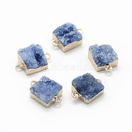 Natural Druzy Quartz Links connectors, with Brass Findings, Square, Golden, Light Steel Blue, 14~18x9~10x6~8mm, Hole: 2mm(G-P396-11G-01)