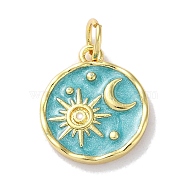 Rack Plated Brass Enamel Pendants, with Jump Ring, Long-Lasting Plated, Lead Free & Cadmium Free, Real 18K Gold Plated, Flat Round with Sun & Moon Charm, Medium Turquoise, 15x13x2mm, Hole: 3.4mm(X-KK-Z039-02A)