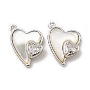 Natural Freshwater Shell Pendants, Brass Pave Clear Glass Heart Charms, Real Platinum Plated, 16.5x12x5mm, Hole: 1.2mm(KK-L211-010P-02)