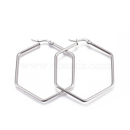 201 Stainless Steel Hoop Earrings, with 304 Stainless Steel Pin, Hexagon, Stainless Steel Color, 12 Gauge, 45x40.5x2mm, Pin: 0.8mm(EJEW-A052-25A)