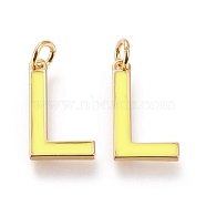 Brass Enamel Pendants, with Jump Ring, Long-Lasting Plated, Real 18K Gold Plated, Letter.L, Champagne Yellow, Letter.L, L: 17.5x10x1.8mm, Jump Rings: Inner Diameter: 3mm(KK-R139-02L)