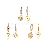 3 Pair 3 Style Clover & Lock & Key & Triangle & Flat Round Asymmetrical Earrings, Ion Plating(IP) 304 Stainless Steel Dangle Hoop Earrings for Women, Golden, 27~31mm, Pin: 1mm, 1 Pair/style(EJEW-B020-01G)