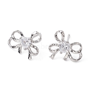 Bowknot Brass Stud Earrings, with Clear Cubic Zirconia, Long-Lasting Plated, Lead Free & Cadmium Free, Platinum, 13.5x15.5mm(EJEW-M245-04P)