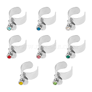 8Pcs 8 Color Birthstone Rhinestone & 201 Stainless Steel Flat Round Charm Rings Set, 304 Stainless Steel Open Cuff Rings, Stainless Steel Color, Inner Diameter: 17~18mm, 1Pc/color(RJEW-AB00004)