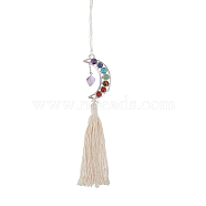 Alloy Moon Pendant Decoration, with Chakra Natural Gemstone Cabochons & Dangling Amethyst Charms, Cotton Cord Macrame Car Hanging Ornament, 315~320mm(HJEW-WH0043-22B)