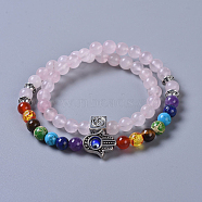 Two Loops Natural Rose Quartz & Natural/Synthetic Mixed Stone Beads Warp Stretch Bracelets, with Evil Eye Lampwork Round Beads and Tibetan Style Alloy Beads, 13-3/8 inch(34cm)(BJEW-JB04223-02)