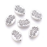 Tibetan Style Alloy Beads, Oval with Leaf, Cadmium Free & Lead Free, Antique Silver, 14x10x3mm, Hole: 1.5mm.(LFH10181Y)