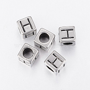 304 Stainless Steel Large Hole Letter European Beads, Cube with Letter.H, Antique Silver, 8x8x8mm, Hole: 5mm(STAS-H428-01AS-H)
