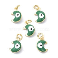 Brass Enamel Charms, Real 18K Gold Plated, with Jump Rings, Moon with Evil Eye, Cadmium Free & Lead Free, Green, 11x7x3.5mm, Hole: 2.6mm(KK-C218-01G-B)