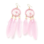 Feather Woven Net Chandelier Earrings, Alloy Long Tassel Drop Earrings for Women, Pearl Pink, 126mm, Pin: 0.6mm(EJEW-H090-01B)