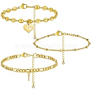 Anklets Sets, with Brass Micro Pave Cubic Zirconia Charms, 304 Stainless Steel Chain Extender & Figaro Chains & Pendant  & Lobster Claw Clasps & Cable Chains & Coffee Bean Chains, Letter.I, 8.5x2x1.5mm, 8-1/2 inch(21.5cm), 3pcs/set(AJEW-AN00383-09)